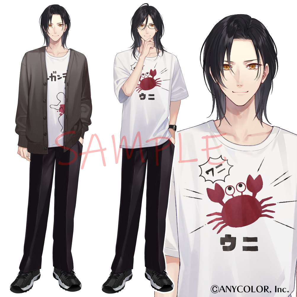 1boy black_footwear black_hair black_pants cardigan casual copyright crab_print fukahire_(ruinon) full_body glasses grey_cardigan hair_down hand_in_pocket hand_on_own_chin looking_at_viewer male_focus medium_hair multiple_views nijisanji official_art open_cardigan open_clothes outline pants parted_bangs print_shirt sample_watermark shellin_burgundy shellin_burgundy_(4th_costume) shirt shoes simple_background smile sneakers standing t-shirt variations virtual_youtuber watch watermark white_background white_outline white_shirt wristwatch yellow_eyes zoom_layer