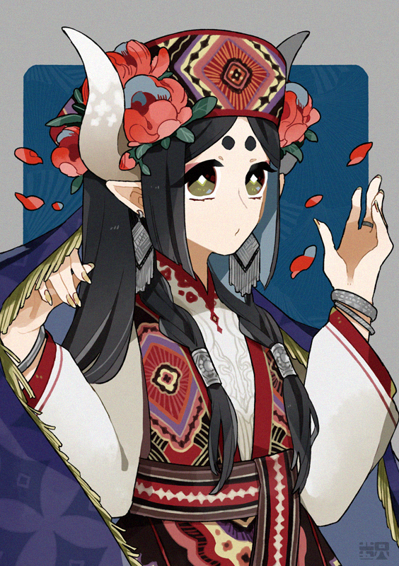 1girl :/ artist_logo black_hair blue_background blue_hair bracelet bright_pupils closed_mouth colored_inner_hair diamond-shaped_pupils diamond_(shape) earrings fingernails flower green_eyes grey_background hair_cuffs hair_flower hair_ornament hands_up horns jewelry long_fingernails long_hair long_sleeves looking_at_viewer multicolored_background multicolored_hair original petals pointy_ears red_flower ring solo symbol-shaped_pupils traditional_clothes upper_body white_pupils yellow_nails yotsu_kado