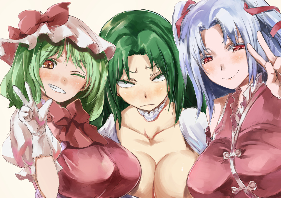 3girls alternate_costume alternate_hairstyle blue_hair blush breasts green_eyes green_hair kazami_yuuka large_breasts light_blue_hair long_hair mima_(touhou) multiple_girls one_eye_closed red_eyes shinki_(touhou) short_hair smile touhou touhou_(pc-98) twintails v w yohane