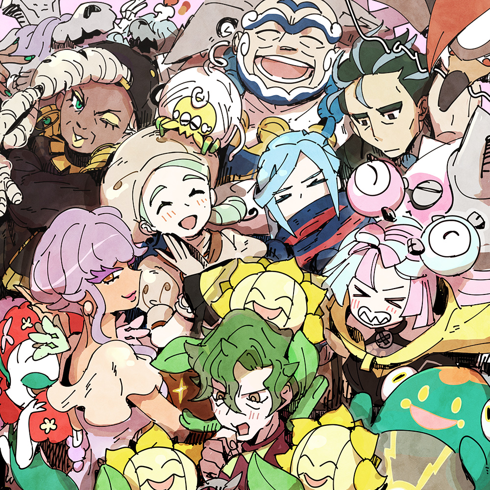 &gt;_&lt; 4boys 4girls backwards_hat bald baseball_cap beard bellibolt black_hair blue_hair bow-shaped_hair brassius_(pokemon) brown_eyes brown_skirt cetoddle character_hair_ornament chef chef_hat closed_eyes dark-skinned_female dark_skin dreadlocks earrings eyeshadow facial_hair florges greavard green_eyes green_hair green_nails grey_hair grusha_(pokemon) hair_ornament haruhashi hat houndstone iono_(pokemon) jacket jewelry katy_(pokemon) kofu_(pokemon) larry_(pokemon) lipstick long_hair low_side_ponytail makeup mole mole_on_cheek multicolored_hair multiple_boys multiple_girls open_mouth pink_hair pokemon pokemon_(creature) pokemon_(game) pokemon_sv purple_hair ryme_(pokemon) scarf sharp_teeth short_hair skirt smile staraptor streaked_hair striped striped_scarf sunflora tarountula teeth tulip_(pokemon) two-tone_hair two-tone_scarf unibrow veluza white_hair yellow_eyeshadow yellow_jacket yellow_lips