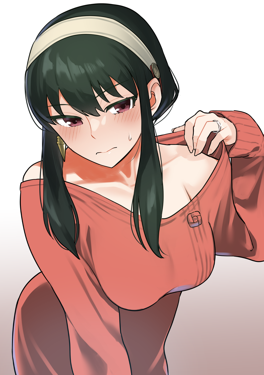 1girl black_hair blush breasts cleavage clothes_lift collarbone earrings gold_earrings gold_hairband hairband highres jewelry large_breasts off-shoulder_sweater off_shoulder omucchan_(omutyuan) red_eyes red_sweater sidelocks solo spy_x_family sweater two-sided_fabric yor_briar