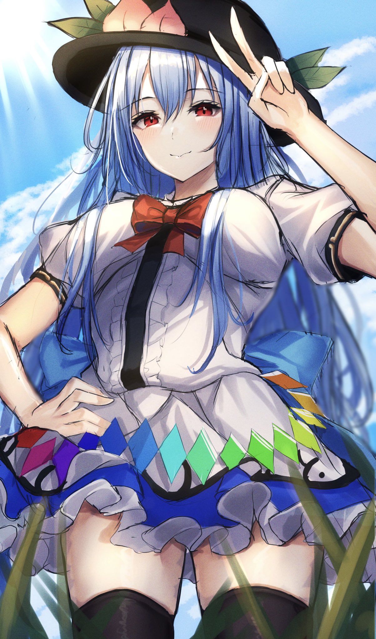 1girl 7saki blue_hair blue_sky bow copyright_request duplicate frilled_skirt frills highres hinanawi_tenshi long_hair on_grass pixel-perfect_duplicate red_bow red_eyes salute short_sleeves skirt sky smile two-finger_salute very_long_hair