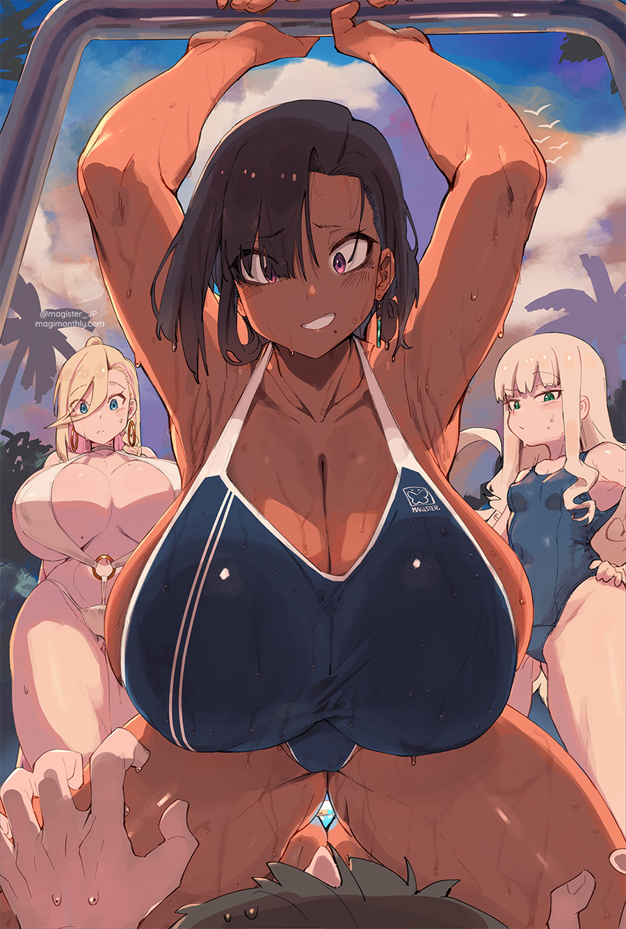 1boy 3girls armpits arms_up ass_visible_through_thighs bare_shoulders blonde_hair blue_eyes blue_one-piece_swimsuit blush breasts brown_hair cleavage collarbone dark-skinned_female dark_skin earrings girl_on_top green_eyes grin hair_over_one_eye highleg highleg_swimsuit highres hoop_earrings jewelry kneeling long_hair magister mole mole_under_eye multiple_girls navel o-ring one-piece_swimsuit original pandora_smith purple_eyes shiratama_liliana short_hair sideboob sidelocks slingshot_swimsuit small_breasts smile swept_bangs swimsuit thighs wet white_one-piece_swimsuit