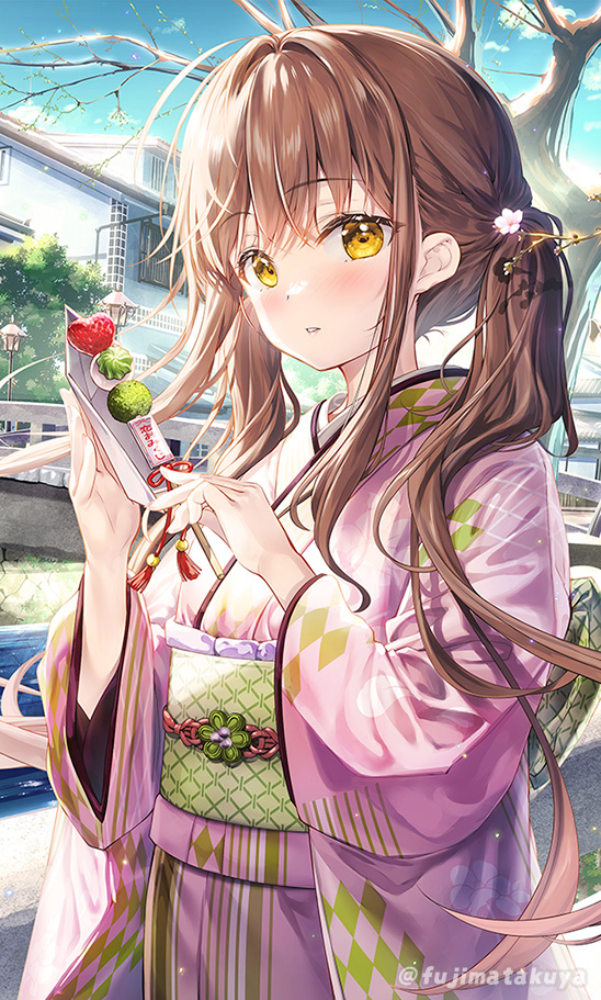 1girl bangs bare_tree blue_sky blush bridge brown_hair building cloud commentary_request day fujima_takuya holding japanese_clothes kimono lamppost long_hair long_sleeves looking_at_viewer obi original outdoors parted_lips pink_kimono railing river sash sky solo tree twintails twitter_username very_long_hair water wide_sleeves window yellow_eyes