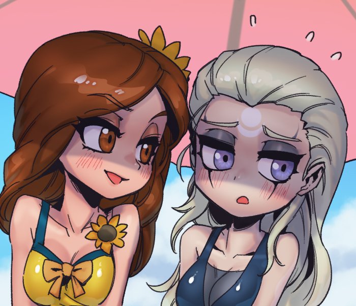 2girls :d :o alternate_costume bangs bare_shoulders blush breasts brown_eyes brown_hair cleavage collarbone day diana_(league_of_legends) flower flying_sweatdrops grey_hair hair_flower hair_ornament league_of_legends leona_(league_of_legends) long_hair looking_at_another looking_to_the_side medium_breasts multiple_girls open_mouth orange_flower outdoors phantom_ix_row pink_eyes shiny_clothes smile