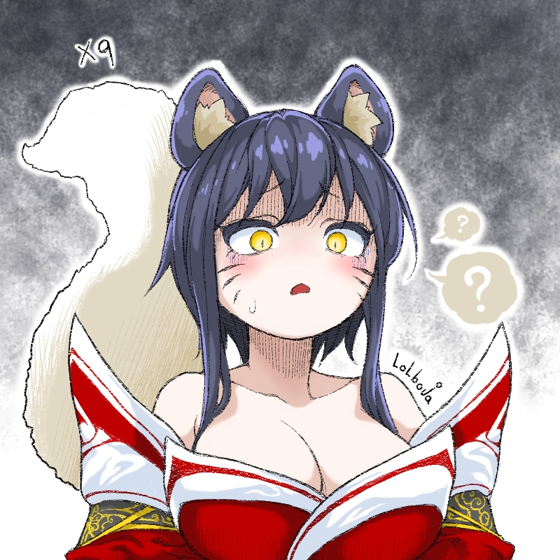 1girl ? ahri_(league_of_legends) animal_ears bare_shoulders breasts cleavage d: detached_sleeves facial_mark fox_ears fox_tail gradient_background grey_background juliet_sleeves large_breasts league_of_legends lolboja long_sleeves medium_hair puffy_sleeves red_sleeves short_hair sidelocks solo speech_bubble tail whisker_markings yellow_eyes
