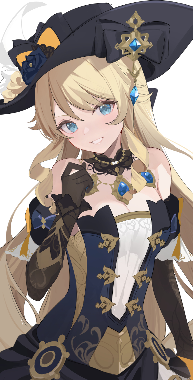 1girl bare_shoulders black_flower black_headwear black_rose blonde_hair blue_eues blue_eyes blue_gemstone breasts brown_gloves detached_sleeves dress drill_hair drill_sidelocks drop_earrings earrings flower gem genshin_impact gloves gold_trim_bow hair_between_eyes hair_ornament hat hat_flower highres jewelry lace-trimmed_collar lace_trim long_hair long_sleeves looking_at_viewer medium_breasts misuzu0342 navia_(genshin_impact) open_mouth rose sidelocks simple_background smile solo standing strapless strapless_dress teeth tricorne upper_body white_background yellow_flower yellow_rose