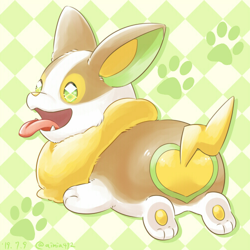 aimia492 ambiguous_gender brown_body brown_fur butt butt_focus canid canine feral fur generation_8_pokemon green_eyes low_res lying mammal nintendo on_front pattern_background paws pokemon pokemon_(species) simple_background solo tongue tongue_out white_body white_fur yamper yellow_body yellow_fur