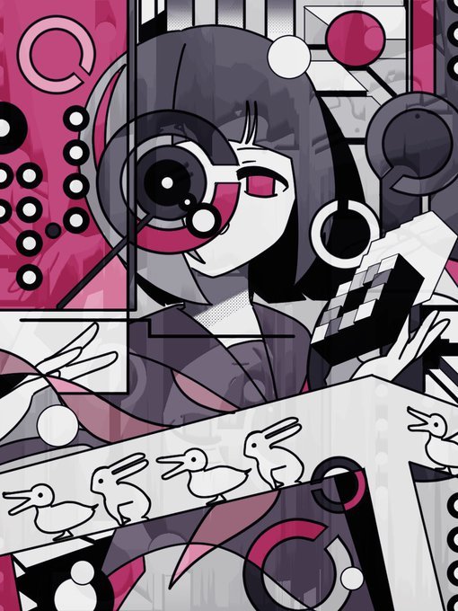 1girl abstract black_hair black_serafuku blunt_bangs blunt_ends bob_cut commentary double_exposure expressionless eye_chart floating_hair hanareau_zero_(vocaloid) hands_up impossible_cube landolt_c limited_palette looking_at_viewer machigami_yoh neckerchief no_mouth no_pupils occluder one_eye_covered optical_illusion penrose_stairs rabbit-duck_illusion red_eyes red_neckerchief school_uniform serafuku short_hair solo straight-on upper_body