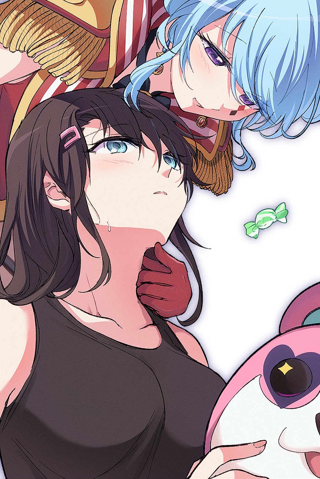 2girls aoiro_050 bang_dream! black_tank_top blue_eyes blue_hair breasts brown_hair candy earrings food hair_ornament hairclip highres idol_clothes imminent_kiss jewelry looking_at_another matsubara_kanon medium_breasts michelle_(bang_dream!) multiple_girls okusawa_misaki purple_eyes tank_top yuri