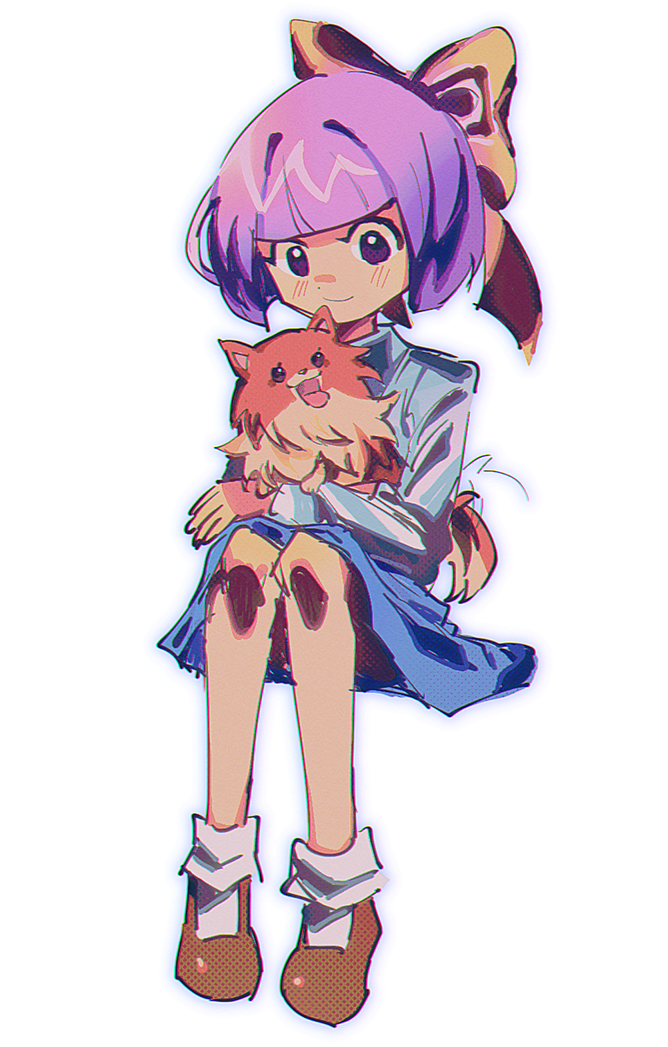 1girl animal_on_lap blue_skirt blunt_bangs bow brown_footwear closed_mouth commentary english_commentary full_body ghost_trick hair_bow highres kamila_(ghost_trick) long_sleeves looking_at_animal malan missile_(ghost_trick) on_lap pink_hair pomeranian_(dog) purple_eyes shirt shoes short_hair simple_background sitting skirt smile socks solo white_background white_socks yellow_bow
