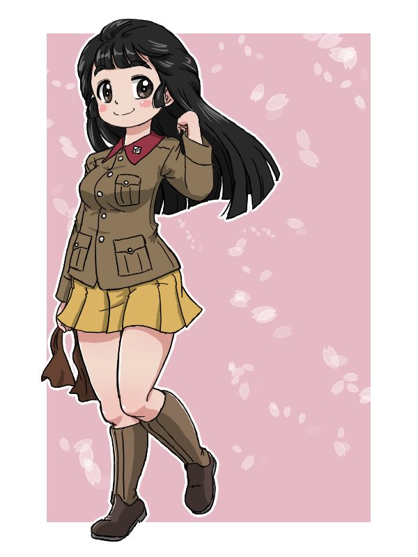 1girl alternate_hairstyle black_eyes black_hair blunt_bangs blunt_ends blush_stickers boots brown_footwear brown_jacket chi-hatan_military_uniform closed_mouth commentary girls_und_panzer hair_down hair_ribbon hand_in_own_hair hasegawa_tatsu holding holding_ribbon jacket knee_boots long_hair long_sleeves looking_at_viewer military military_uniform miniskirt outline outside_border pink_background pleated_skirt ribbon ribbon_removed skirt smile solo standing takahashi_kurage textless_version uniform white_outline yellow_skirt