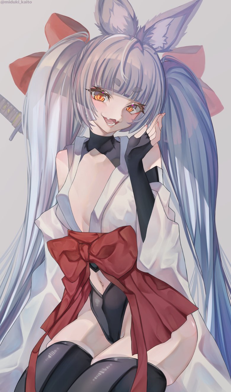 1girl animal_ear_fluff animal_ears asanagi_(azur_lane) azur_lane bare_shoulders black_gloves black_thighhighs clothing_cutout elbow_gloves fang fingerless_gloves fox_ears fox_girl gloves gogat8 hair_ribbon hakama hand_up highres japanese_clothes katana long_hair mole mole_on_stomach navel navel_cutout open_mouth red_hakama red_pupils red_ribbon ribbon simple_background skin_fang skindentation smile solo sword thighhighs twintails very_long_hair weapon white_hair wide_sleeves yellow_eyes