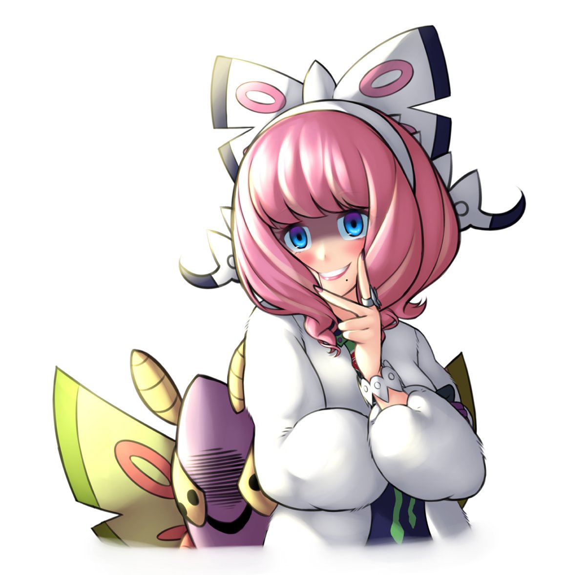 1girl blue_eyes dustox fur_jacket hairband jacket jewelry klara_(pokemon) long_sleeves looking_at_viewer mole mole_under_mouth open_clothes open_jacket pinguinkotak pink_hair pokemon pokemon_(creature) pokemon_swsh ring smile teeth v_over_mouth white_background white_jacket