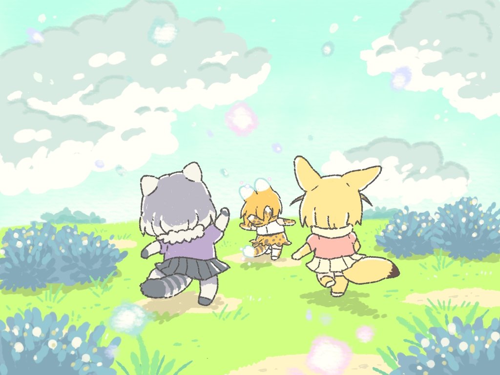 3girls animal_ears arm_up black_skirt blonde_hair blue_sky bush chibi cloud commentary_request common_raccoon_(kemono_friends) day elbow_gloves fennec_(kemono_friends) fox_ears fox_tail from_behind fur_collar gloves grass grey_hair kemono_friends kuro_shiro_(kuro96siro46) multiple_girls outdoors pink_shirt pleated_skirt print_skirt purple_shirt raccoon_ears raccoon_girl raccoon_tail serval_(kemono_friends) serval_print shirt short_hair short_sleeves skirt sky striped_tail tail walking white_hair white_shirt white_skirt