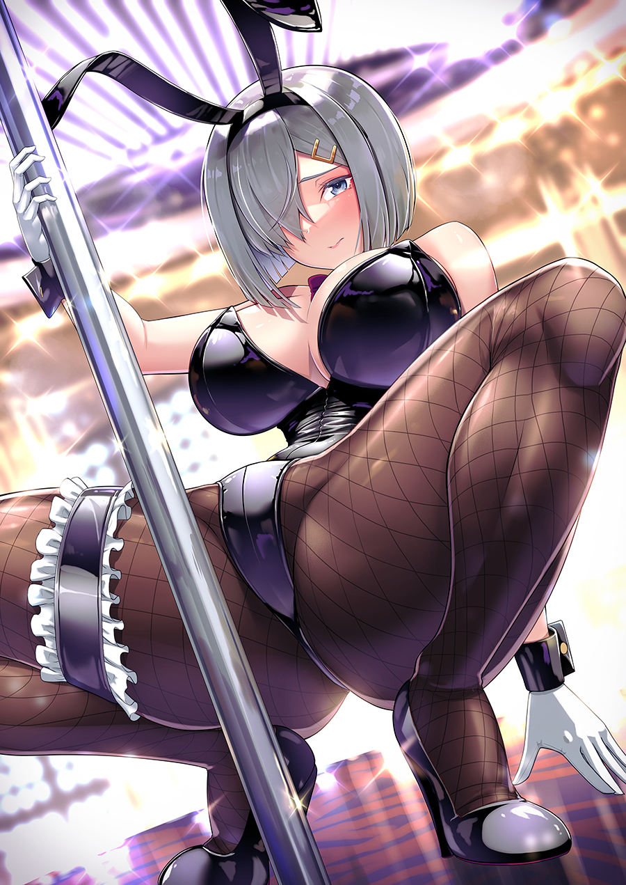 1girl alternate_costume animal_ears black_footwear black_leotard black_wrist_cuffs blue_eyes blurry blurry_background breasts bridal_garter brown_pantyhose covered_navel duplicate fake_animal_ears fishnet_pantyhose fishnets hair_ornament hair_over_one_eye hairclip hamakaze_(kancolle) hassen_(8cm) high_heels highleg highleg_leotard highres indoors kantai_collection large_breasts leotard looking_at_viewer pantyhose pixel-perfect_duplicate playboy_bunny pole_dancing rabbit_ears short_hair solo spread_legs squatting strapless strapless_leotard stripper_pole thighs wrist_cuffs