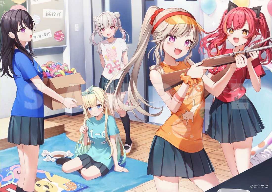 5girls aizawa_ema arm_behind_back asumi_sena black_hair black_skirt black_socks blonde_hair blue_shirt box brown_hair double_bun gun hair_bun hair_ornament hairclip high_ponytail holding holding_box holding_gun holding_weapon ichinose_uruha indoors kneehighs komori_met long_hair looking_at_viewer momoshiki_tsubaki multicolored_hair multiple_girls nekota_tsuna official_art open_mouth orange_scrunchie orange_shirt pink_eyes pink_hair pleated_skirt ponytail red_hair red_shirt scrunchie shirt short_sleeves skirt sleeveless sleeveless_shirt smile socks standing streaked_hair twintails vspo! weapon white_hair white_shirt white_socks