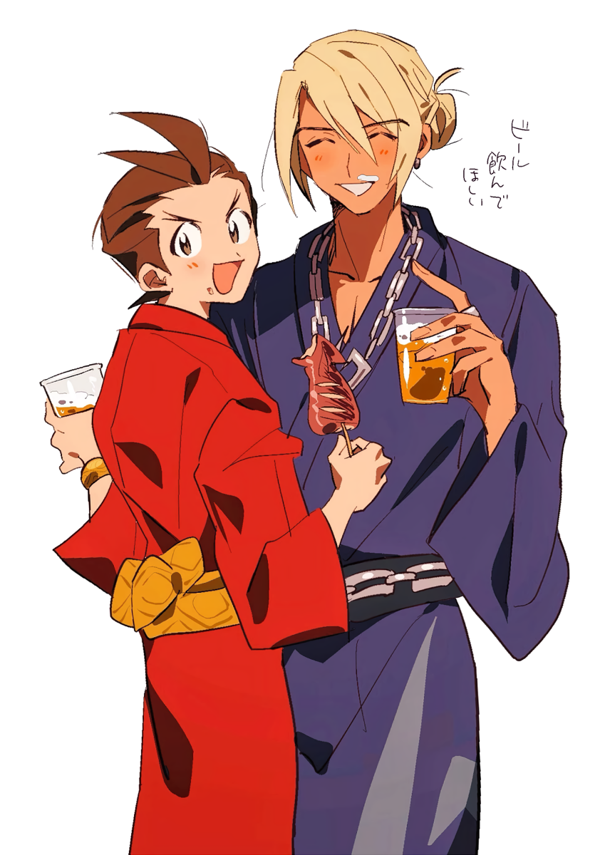 2boys :d ace_attorney alcohol apollo_justice beer black_sash blonde_hair blue_kimono blush bracelet brown_eyes brown_hair chain_necklace closed_eyes cowboy_shot cup dark-skinned_male dark_skin earrings facial_hair fingernails food food_on_face from_behind grgrton grin hair_bun highres holding holding_cup ikayaki japanese_clothes jewelry kimono klavier_gavin looking_at_viewer male_focus multiple_boys mustache necklace obi red_kimono ring sash short_hair simple_background smile swept_bangs v-shaped_eyebrows white_background wide-eyed wide_sleeves yellow_sash