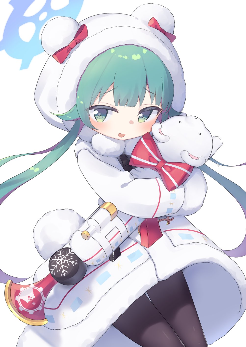 1girl animal_costume bear_costume black_pantyhose blue_archive bow coat commentary_request cowboy_shot fur-trimmed_coat fur_trim green_eyes green_hair halo highres hood hood_up hooded_coat kokone_(coconeeeco) long_hair long_sleeves looking_at_viewer momiji_(blue_archive) object_hug open_mouth pantyhose red_bow rocket_launcher short_hair_with_long_locks simple_background sleeves_past_fingers sleeves_past_wrists smile solo twintails weapon white_background white_coat winter_clothes