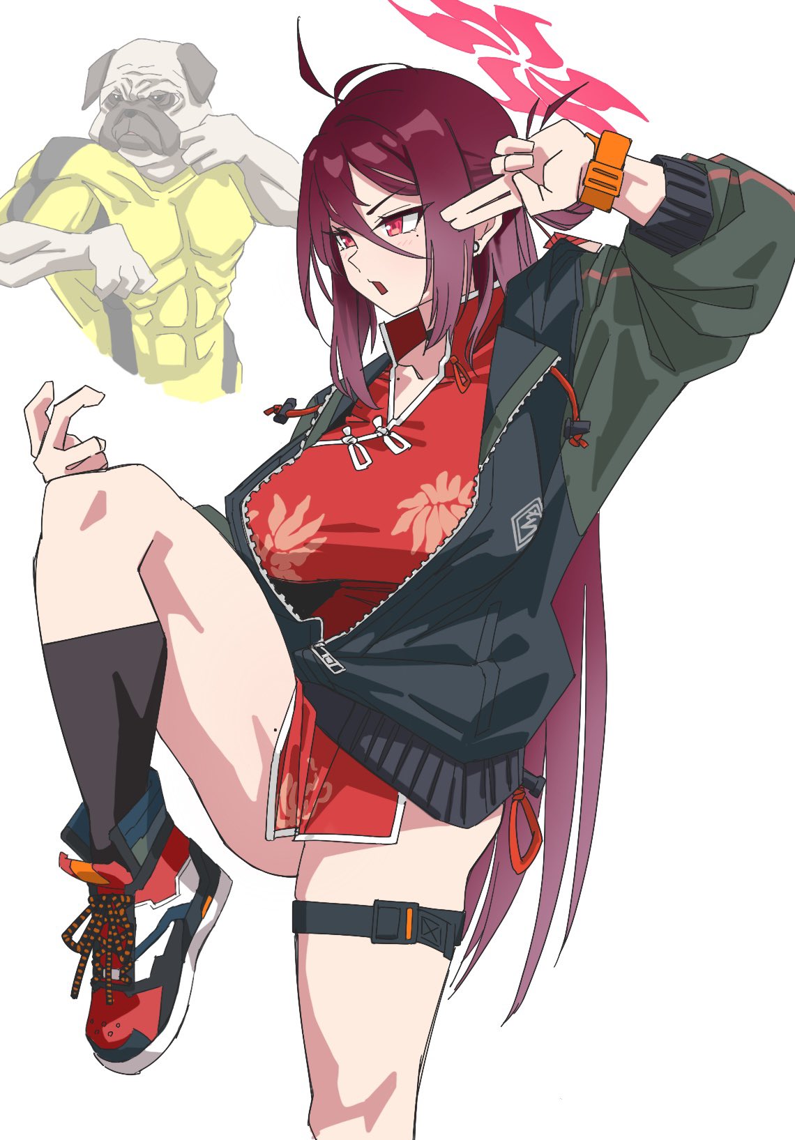 1boy 1girl ahoge animal black_jacket black_socks blue_archive blurry bodysuit bruce_lee chinese_clothes collarbone cowboy_shot dress hair_bun halo highres jacket long_hair looking_to_the_side mole mole_under_eye multicolored_footwear muscular pose_imitation pug red_dress red_eyes red_hair reizyo_(blue_archive) simple_background single_side_bun socks thigh_strap thighs vividnatadecoco white_background yellow_bodysuit