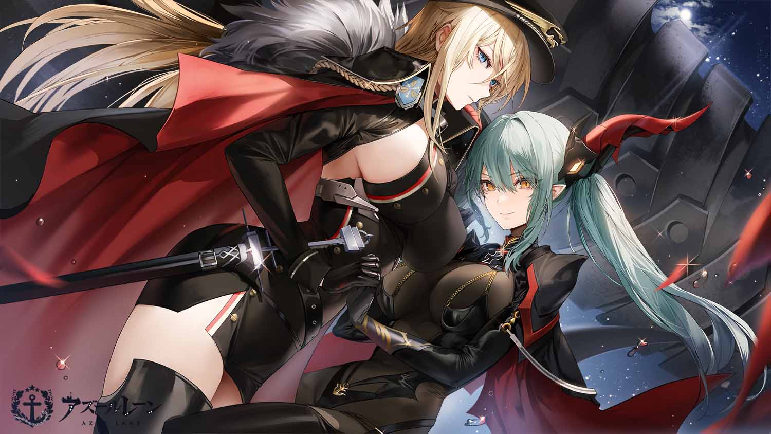 azur_lane bismarck_(azur_lane) bismarck_zwei_(azur_lane) black_dress black_gloves black_headwear blonde_hair blue_eyes bodystocking breasts cape closed_mouth copyright_name cross dress gloves hair_between_eyes hat holding_hands interlocked_fingers iron_cross kim_eb large_breasts light_smile long_hair looking_at_viewer military_uniform official_art sideboob twintails uniform