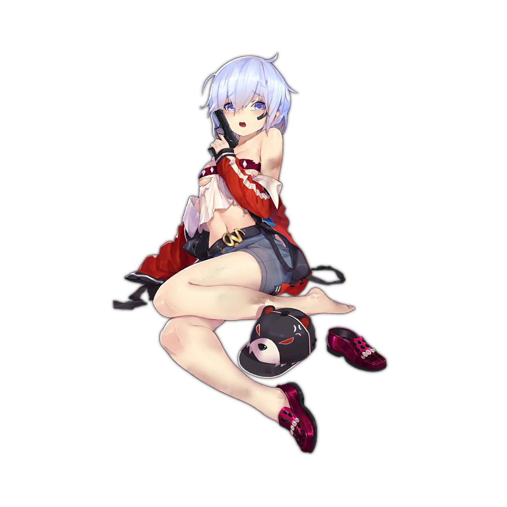 1girl anger_vein animal_hat bandaid bandaid_on_face bangs barefoot baseball_cap bear_hat belt belt_buckle blue_eyes blue_hair blush breasts buckle crossed_bangs full_body girls'_frontline gun hair_between_eyes handgun hat hat_removed headwear_removed jacket large_breasts lightning_bolt_print loafers looking_at_viewer midriff mp-446_(boisterous_rogue)_(girls'_frontline) mp-446_(girls'_frontline) mp-446_viking navel no_socks off_shoulder official_alternate_costume official_art open_mouth pink_footwear red_jacket scorch_mark shirt shoes shoes_removed short_hair shorts simple_background single_shoe sitting solo striped striped_jacket studded_footwear teeth torn_clothes torn_shirt transparent_background trigger_discipline upper_teeth_only vertical-striped_jacket vertical_stripes weapon white_shirt xiao_qiang_sang