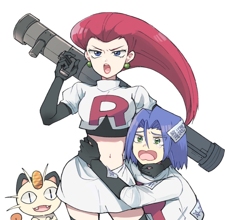 angry atsumi_yoshioka bazooka_(gundam) blue_eyes blue_hair green_eyes james_(pokemon) jessie_(pokemon) meowth pokemon pokemon_(anime) red_hair scared white_background