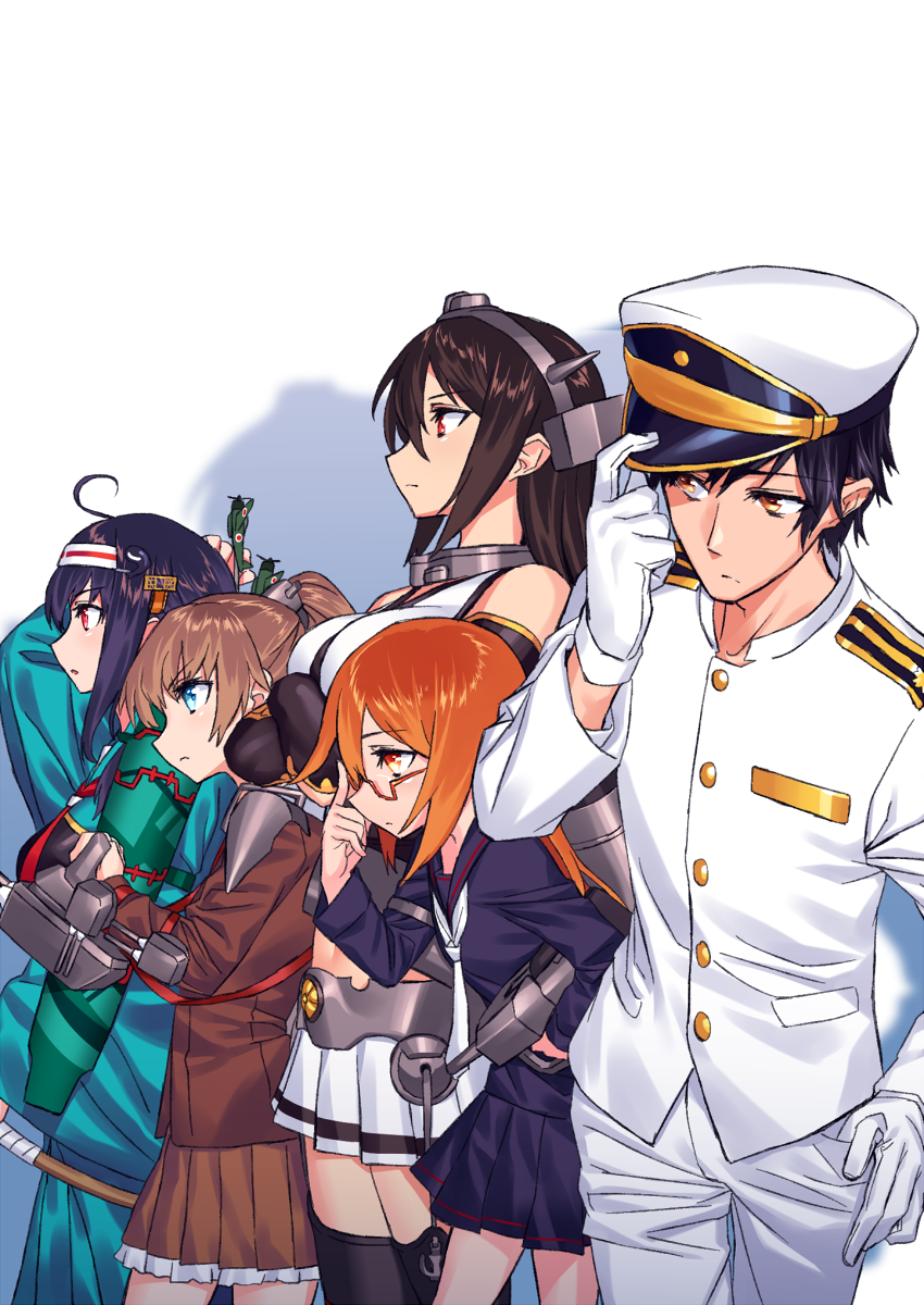 1boy 4girls admiral_(kancolle) ahoge black_hair black_sailor_collar black_serafuku black_skirt blew_andwhite breasts brown_hair brown_skirt closed_mouth comiket_91 crossed_arms detached_sleeves glasses gloves hair_between_eyes hair_ornament hat highres jacket japanese_clothes kantai_collection kumano_(kancolle) large_breasts long_hair medium_breasts military military_uniform mochizuki_(kancolle) multiple_girls muneate nagato_(kancolle) neckerchief orange_hair parted_lips pleated_skirt ponytail purple_hair red_eyes ryuuhou_(kancolle) sailor_collar school_uniform serafuku simple_background skirt taigei_(kancolle) thighhighs uniform white_background white_gloves white_headwear white_neckerchief