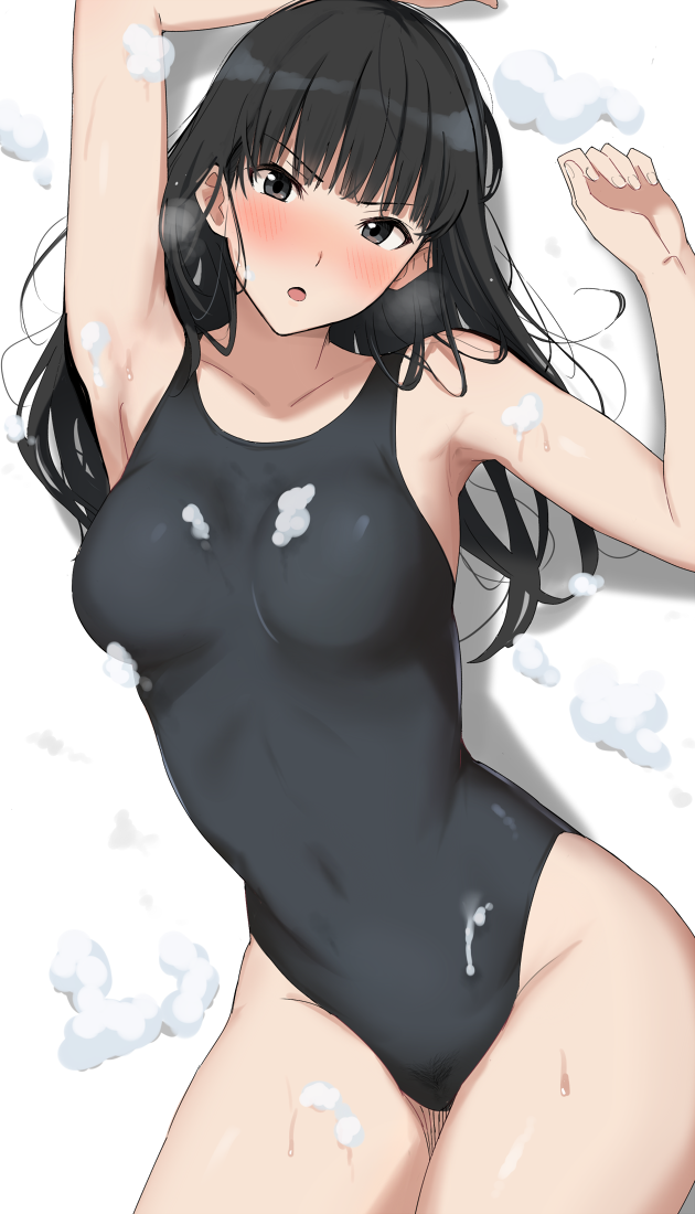 1girl amagami armpits ayatsuji_tsukasa black_eyes black_hair black_one-piece_swimsuit blunt_bangs blush breasts covered_navel foam long_hair looking_at_viewer lying medium_breasts mobu on_back one-piece_swimsuit open_mouth revision sexually_suggestive solo swimsuit thighs wet