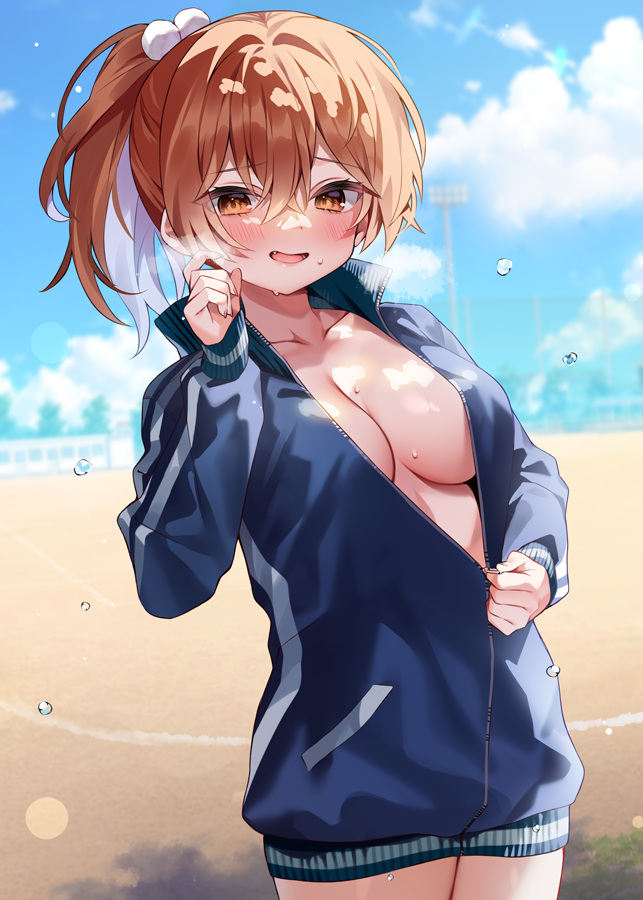 1girl blonde_hair blue_sky blush breasts chihiro_(khorosho) colored_inner_hair day hair_ornament high_ponytail jacket large_breasts long_hair looking_at_viewer multicolored_hair naked_jacket no_bra open_clothes open_jacket open_mouth original outdoors sky smile solo sweat white_hair yellow_eyes