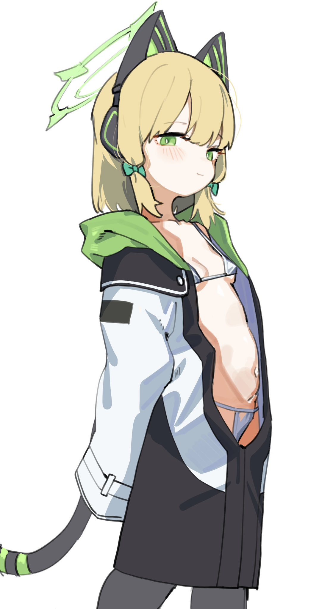 1girl animal_ear_headphones animal_ears arms_behind_back blonde_hair blue_archive blush breasts cat_ear_headphones cat_tail cleavage closed_mouth fake_animal_ears fake_tail green_eyes halo headphones highres hufy jacket looking_at_viewer midori_(blue_archive) navel open_clothes open_jacket simple_background sleeves_past_fingers sleeves_past_wrists small_breasts smile solo standing tail white_background