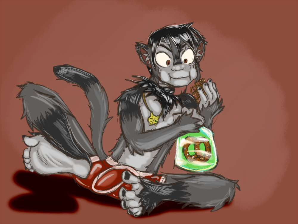 after_transformation anthro bulge clothed clothing eating eating_food eye_scar facial_scar feet food foot_focus full_pad haplorhine jewelry lazertooth male mammal monkey neck_tuft necklace paws pretzel_(food) primate ra'deer scar shirtless species_transformation transformation tuft underwear underwear_only