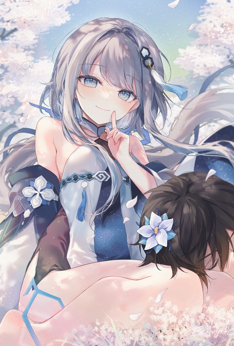 1boy 1girl bare_shoulders black_hair black_sleeves blue_eyes blush branch breasts closed_eyes closed_mouth commentary_request day detached_sleeves dress finger_to_mouth floating_hair flower genshin_impact grey_hair guizhong_(genshin_impact) hair_between_eyes hair_flower hair_intakes hair_ornament hand_up lap_pillow long_hair long_sleeves looking_at_viewer outdoors petals shushing silltare small_breasts smile very_long_hair white_dress white_flower wide_sleeves zhongli_(genshin_impact)
