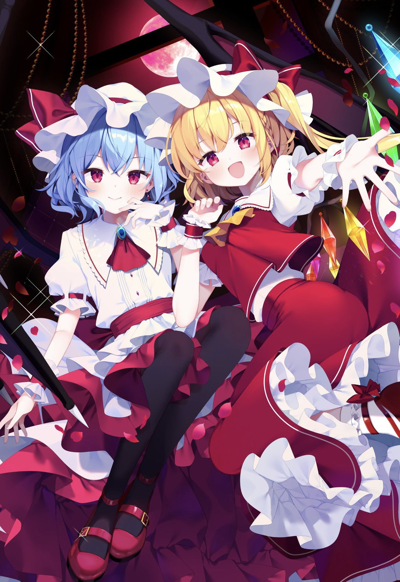 2girls ascot black_pantyhose blonde_hair blue_hair blush crystal flandre_scarlet frilled_skirt frills hat hat_ribbon highres looking_at_viewer mob_cap moon multiple_girls open_mouth pantyhose petals puffy_short_sleeves puffy_sleeves red_eyes red_footwear red_ribbon remilia_scarlet ribbon shiika_yuno short_sleeves skirt skirt_set smile sparkle touhou white_headwear wings