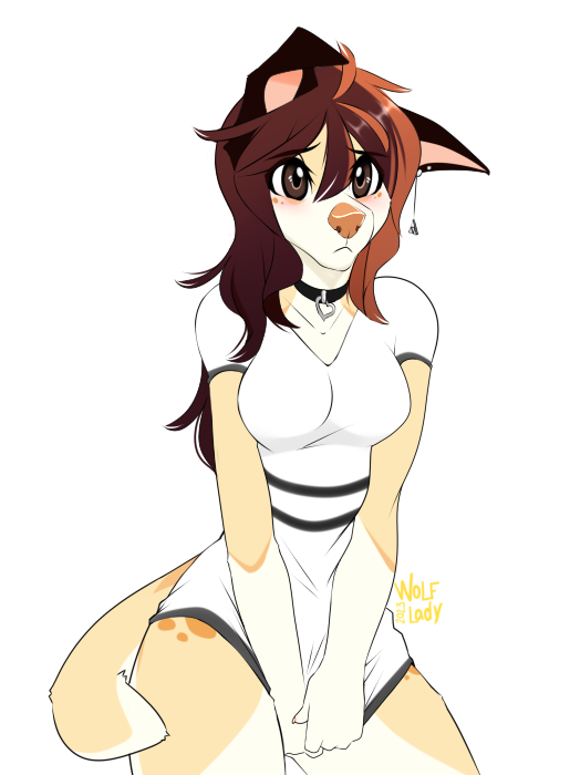 anthro blush breasts brown_eyes canid canine canis clothed clothing collar danika_(wolflady) domestic_dog ear_piercing female hair holding_clothing holding_object looking_at_viewer mammal piercing simple_background solo standing tail wolflady