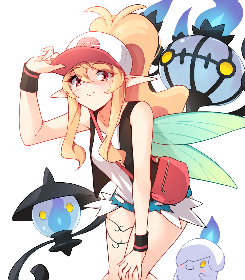 1girl adjusting_clothes adjusting_headwear baseball_cap blonde_hair chandelure closed_mouth cosplay hair_between_eyes hat hilda_(pokemon) hilda_(pokemon)_(cosplay) lanturn leaning_forward litwick long_hair looking_at_viewer nijisanji nijisanji_en pink_eyes pointy_ears pokemon pokemon_(game) pokemon_bw pomu_rainpuff ponytail ricegnat shirt short_shorts shorts smile virtual_youtuber white_shirt