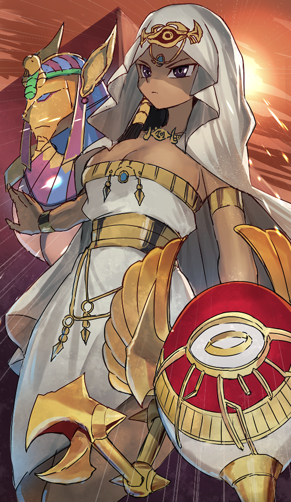 1girl agido armlet black_hair blue_eyes breasts character_request cleavage dark-skinned_female dark_skin dougaku_(passionpit777) duel_monster egyptian egyptian_clothes feet_out_of_frame forehead_jewel ishizu_ishtar large_breasts long_hair looking_ahead millennium_necklace serious solo_focus sunset veil yu-gi-oh! yu-gi-oh!_duel_monsters