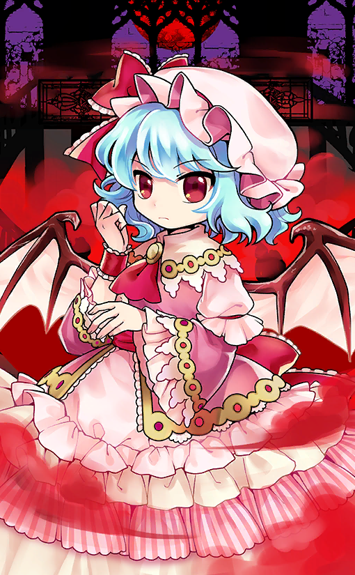 1girl ascot bat_wings blue_hair bow clenched_hand closed_mouth collared_dress dress fog frilled_cuffs frilled_dress frilled_hat frilled_sleeves frills full_moon hat hat_bow indoors layered_skirt layered_sleeves light_frown long_sleeves looking_at_viewer mob_cap moon night official_art petticoat pink_dress pink_headwear red_ascot red_bow red_moon red_wrist_cuffs remilia_scarlet scarlet_devil_mansion short_hair short_over_long_sleeves short_sleeves single_wrist_cuff skirt socha touhou touhou_cannonball v-shaped_eyebrows window wings wrist_cuffs
