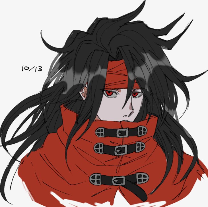 1boy bandana belt_buckle black_hair buckle cape commentary cropped_shoulders dated dirge_of_cerberus_final_fantasy_vii expressionless final_fantasy final_fantasy_vii grey_background high_collar long_hair male_focus mtr_dayoo red_bandana red_cape red_eyes simple_background solo upper_body vincent_valentine