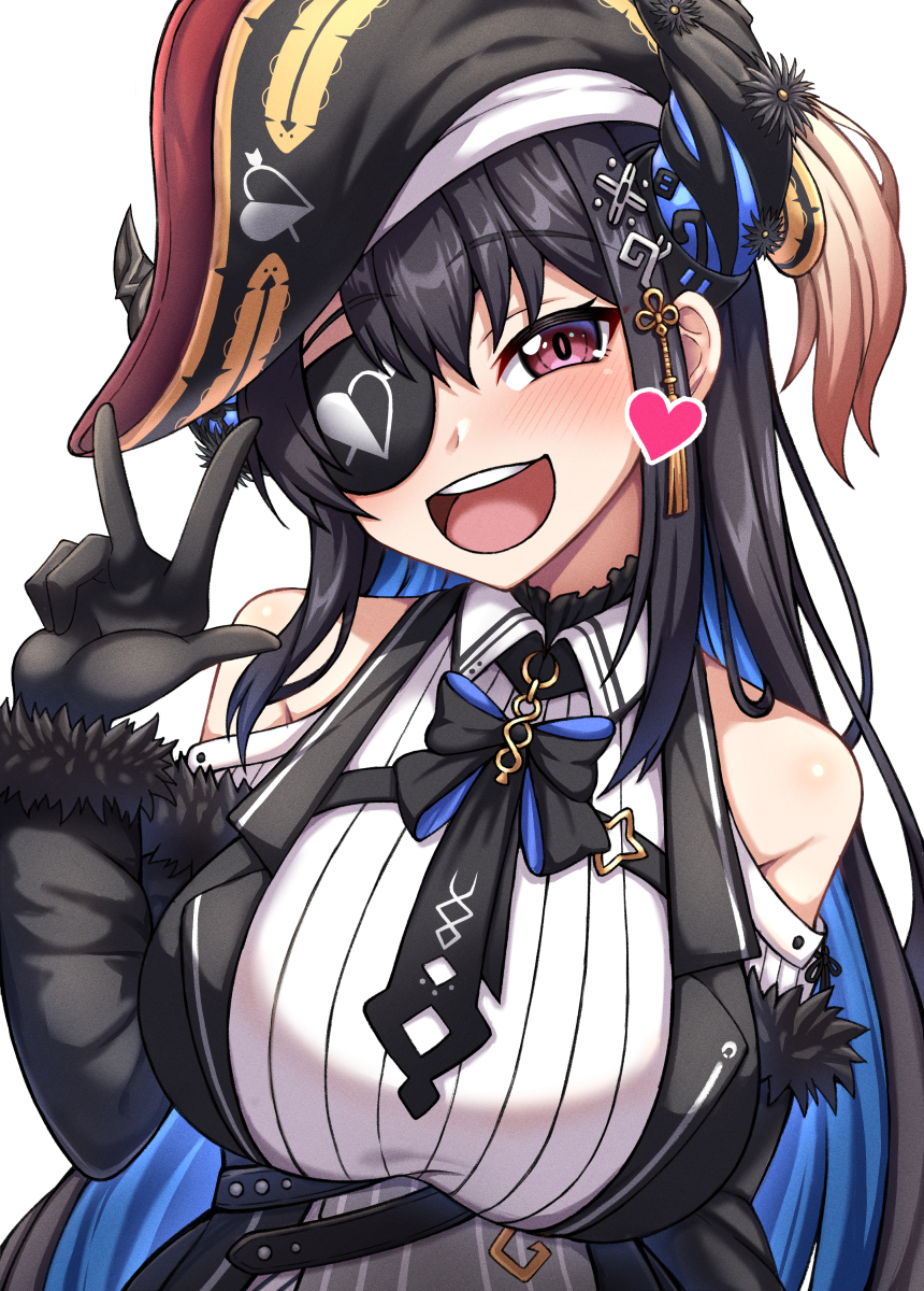 1girl arrow_through_heart black_dress black_hair black_headwear blue_hair blush breasts clothing_cutout collared_shirt colored_inner_hair cosplay dress eyepatch hat heart highres hololive hololive_english houshou_marine houshou_marine_(1st_costume) houshou_marine_(cosplay) kina_(akina736) large_breasts long_hair looking_at_viewer multicolored_hair nerissa_ravencroft one_eye_closed pirate_hat red_eyes shirt shoulder_cutout smile solo v virtual_youtuber