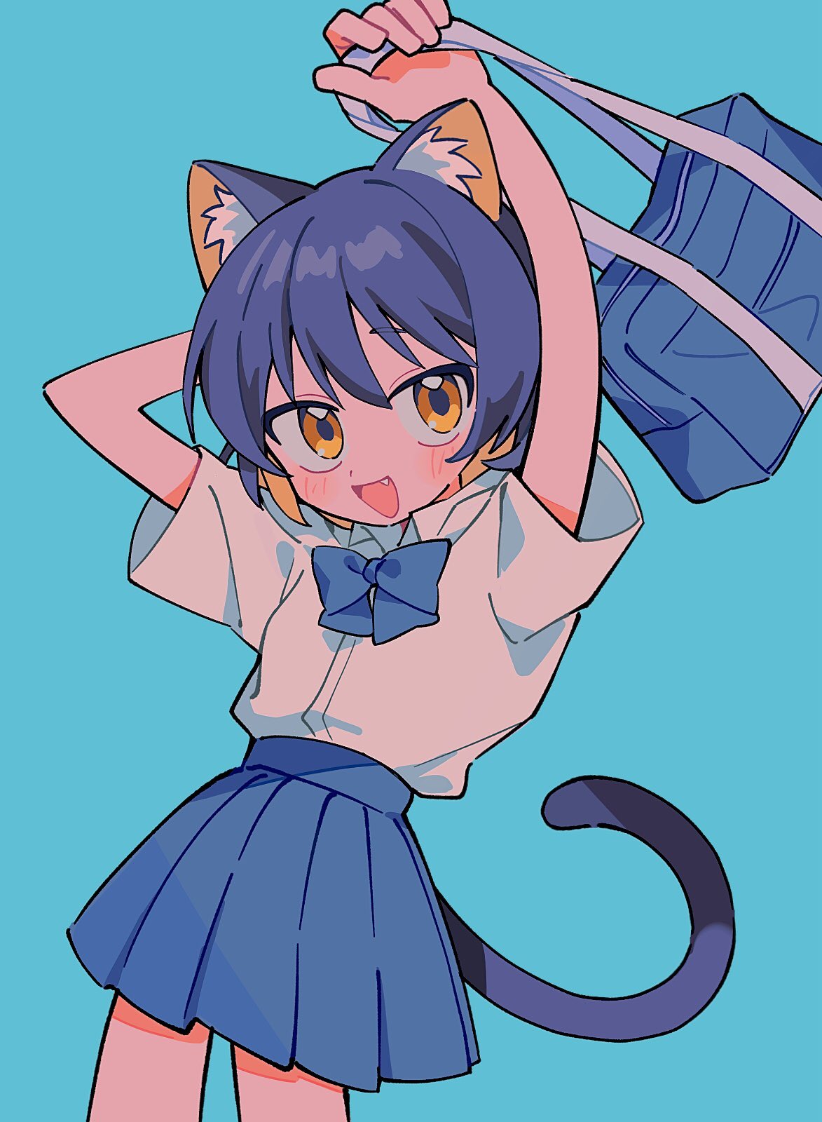 :d animal_ear_fluff animal_ears arm_behind_head arms_up bag blue_background blue_bag blue_bow blue_hair blue_skirt blush bow cat_ears cat_girl cat_tail colored_skin cowboy_shot dark_blue_hair fang highres holding holding_bag leaning_back looking_at_viewer open_mouth original pink_skin pleated_skirt school_uniform shirt shirt_tucked_in skirt smile tail tsurime umipi white_shirt yellow_eyes