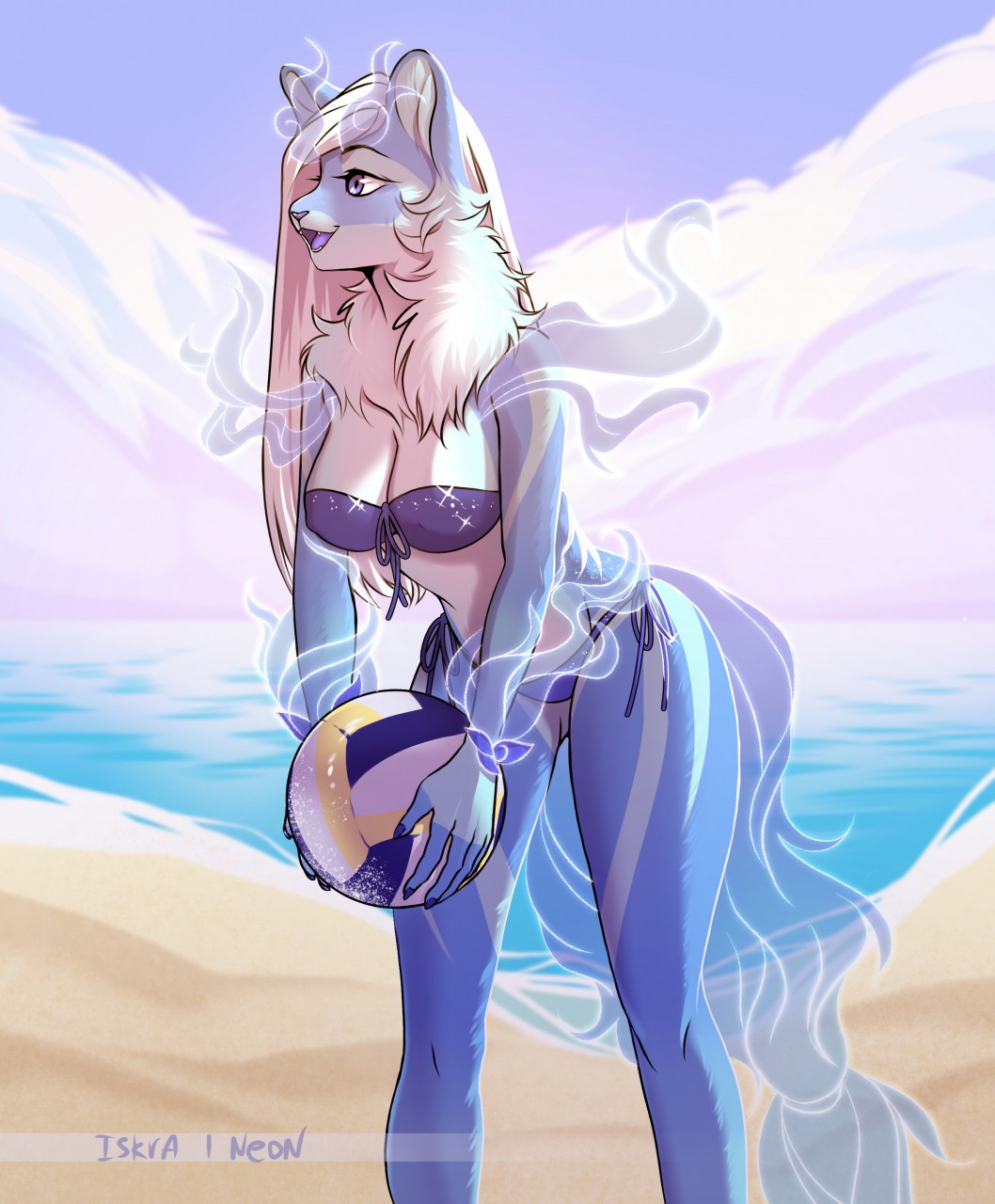 anthro beach blue_body blue_eyes blue_skin breasts clothing felid female flaaffy generation_2_pokemon hair hi_res leopard long_hair mammal neon-chan nintendo pantherine pokemon pokemon_(species) sand sea seaside smile solo sparkles sport swimwear volleyball water white_body white_hair white_skin wide_hips