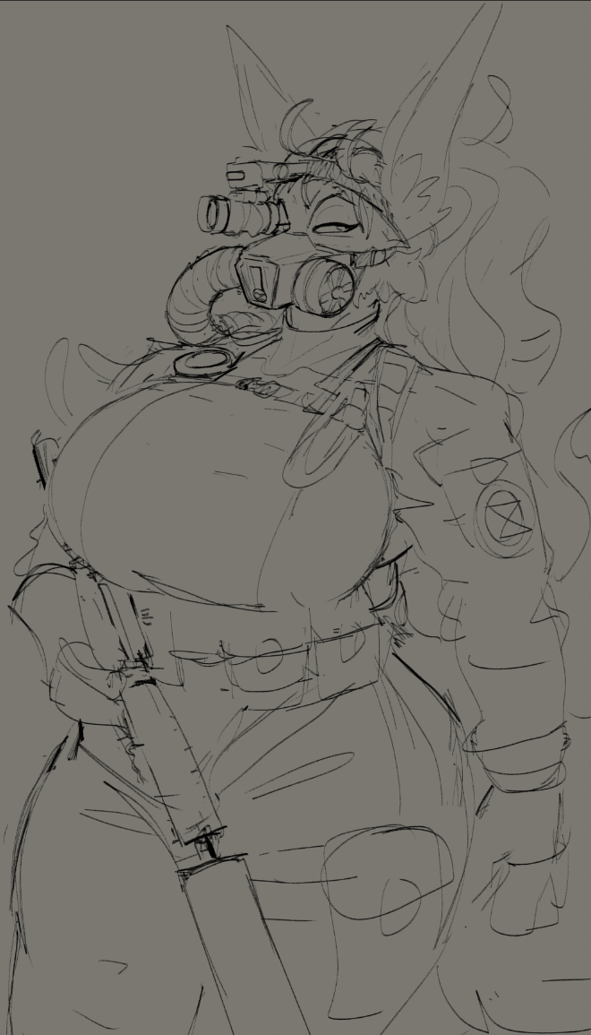 2023 anthro big_breasts breasts canid canine canis clothed clothing duase female gas_mask gun holding_gun holding_object holding_weapon mammal mask ranged_weapon rasa_(duase) silencer sketch solo standing thick_thighs weapon wearing_hat wearing_mask wetsuit wolf