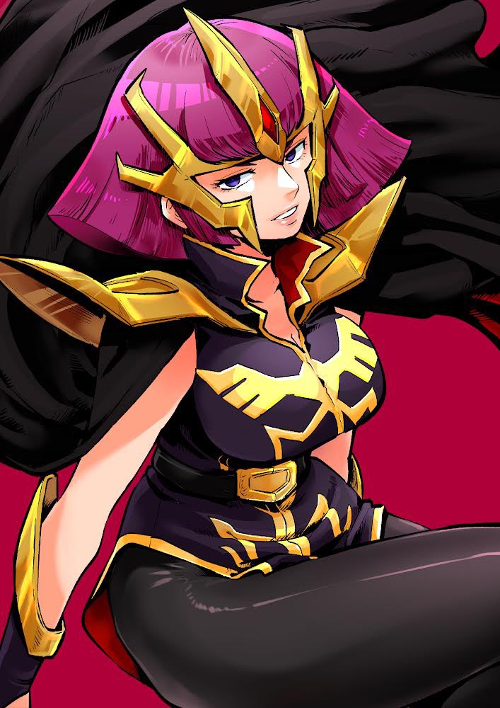 1girl armor belt black_cape black_leggings breasts bridal_gauntlets cape cleavage commentary_request forehead_jewel gundam gundam_zz haman_karn headgear large_breasts leggings looking_at_viewer pink_hair purple_eyes red_background shoulder_armor simple_background smile solo takafumi_696 teeth