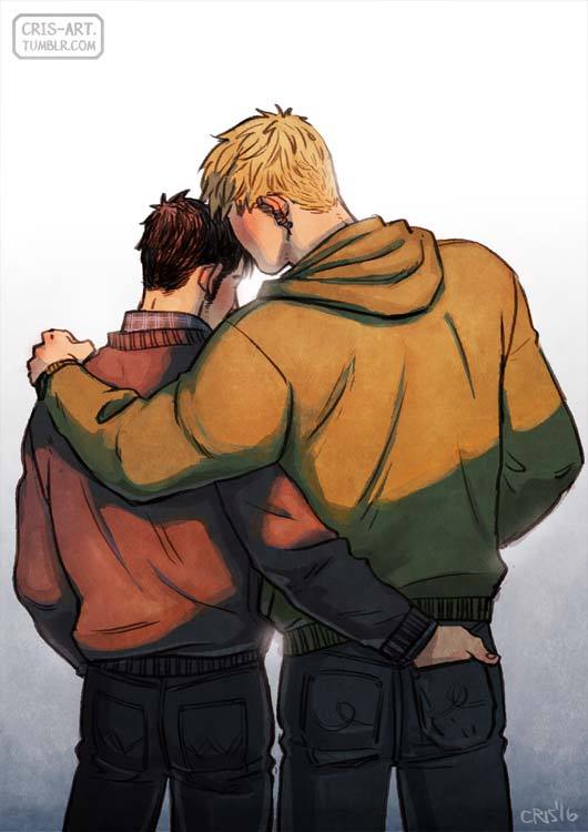 2boys back back_focus bad_id bad_tumblr_id bara black_hair blonde_hair blush couple cris_art denim ear_blush ear_piercing feet_out_of_frame from_behind hand_in_another's_pocket hand_on_another's_shoulder head_kiss hood hood_down hulkling jeans long_sideburns male_focus marvel multiple_boys pants pectorals piercing short_hair sideburns sweater thick_eyebrows toned toned_male wiccan yaoi