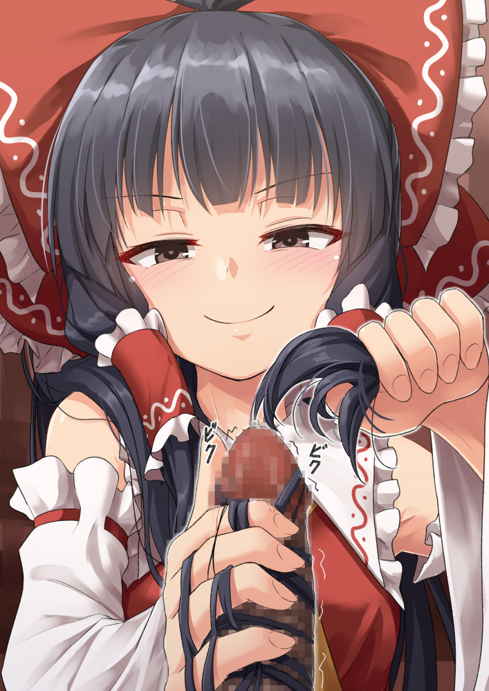 &gt;:) 1boy 1girl aroused bare_shoulders black_hair blunt_bangs blush bow brown_eyes censored closed_mouth collar commentary_request commission detached_sleeves erection frilled_bow frilled_collar frilled_hair_tubes frills hair_bow hair_over_shoulder hair_tubes hairjob hakurei_reimu half-closed_eyes handjob hetero holding holding_hair long_hair long_sleeves mosaic_censoring naughty_face paid_reward_available partial_commentary penis penis_grab precum red_bow red_ribbon red_shirt ribbon ribbon-trimmed_sleeves ribbon_trim shirt sidelocks skeb_commission sleeveless sleeveless_shirt smile solo_focus sound_effects straight-on touhou twitching_penis umarutsufuri upper_body v-shaped_eyebrows white_collar white_sleeves wide_sleeves