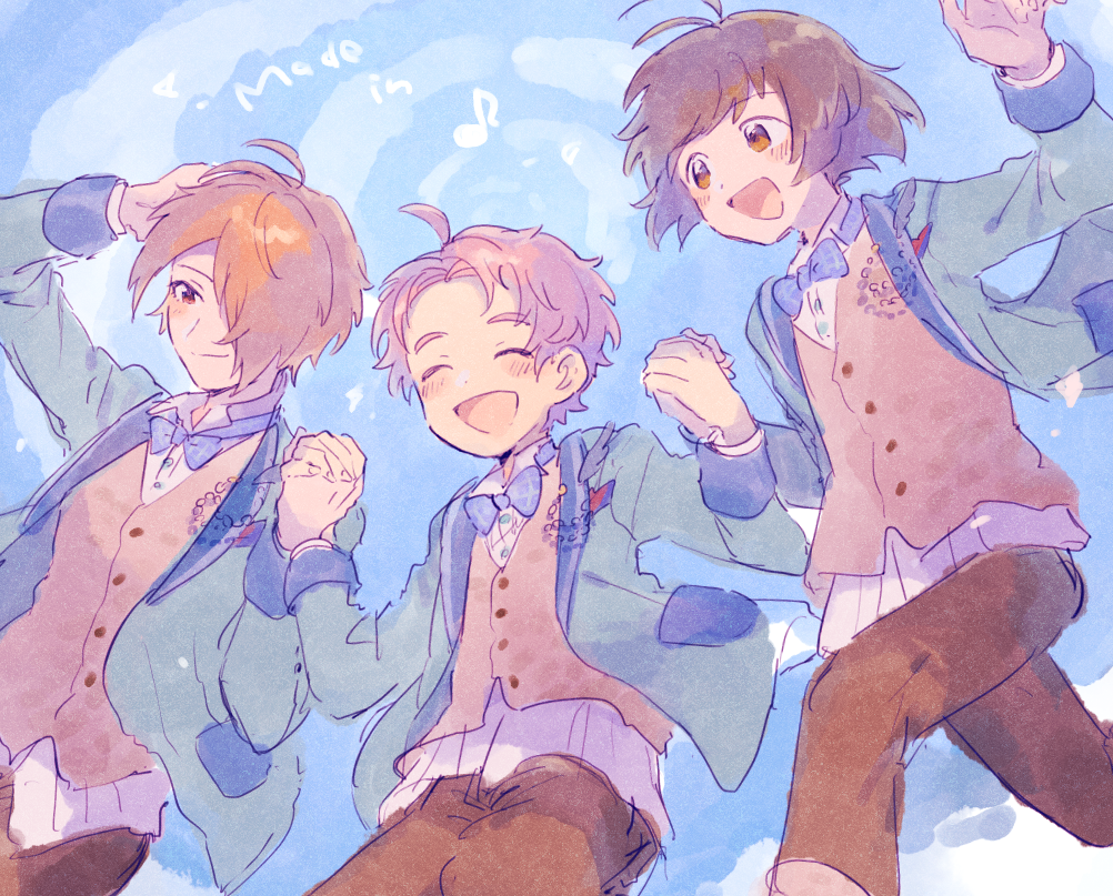 3boys akizuki_ryo blue_jacket bow bowtie brown_hair closed_eyes f-lags_(idolmaster) hair_over_one_eye happy holding_hands idolmaster idolmaster_side-m jacket kabuto_daigo lapels male_focus mnmn0406 multiple_boys musical_note open_clothes open_jacket orange_hair pants pink_hair smile tsukumo_kazuki waistcoat