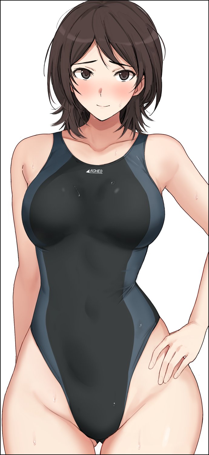 1girl amagami ass_visible_through_thighs breasts brown_eyes brown_hair collarbone competition_swimsuit cowboy_shot hand_on_own_hip highleg highleg_swimsuit highres large_breasts looking_at_viewer mobu one-piece_swimsuit short_hair solo swimsuit takahashi_maya thigh_gap two-tone_swimsuit