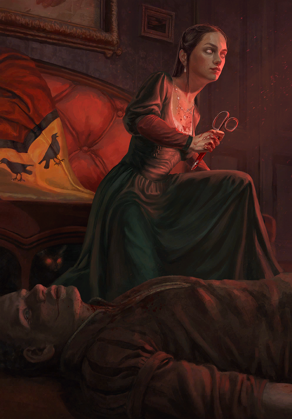 1boy 1girl black_cat blank_eyes cat corpse couch dress earrings european_clothes game_cg gwent_(game) highres holding holding_scissors indoors jewelry looking_at_viewer necklace non-web_source official_art painting_(object) scissors the_witcher_(series)