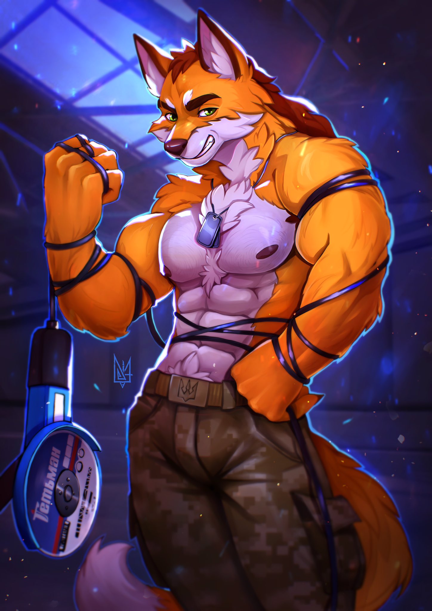 2023 5_fingers angle_grinder anthro areola belt_buckle biceps biped body_hair brown_areola brown_belt brown_body brown_fur canid canine chest_tuft clothed clothing coat_of_arms cord_wrapped_around_body cyrillic_text digital_media_(artwork) dimtarius dog_tags electrical_cord eyebrows fingers fluffy fluffy_tail fox fur green_eyes hair hand_on_hip hi_res holding_object holding_power_tool holding_tool khaki_pants looking_at_viewer male mammal mane mane_hair military_pants muscular muscular_anthro muscular_male nipples pecs portrait pose power_tool prick_ears pubes signature solo standing tagme tail text three-quarter_portrait tools topless topless_anthro topless_male tuft ukraine ukrainian_text white_body white_fur